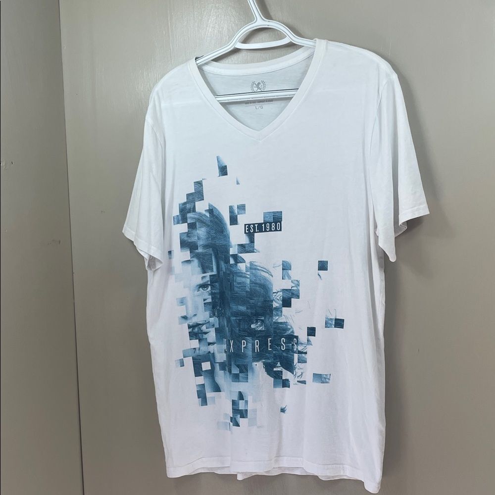 Express White V-Neck Tee with Blue‎ Graphic Print